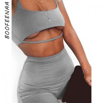 Sexy Short Two Piece Set Crop Tops and Biker Shorts Grey Black Bodycon Matching Sets Summer Clothes for Women
